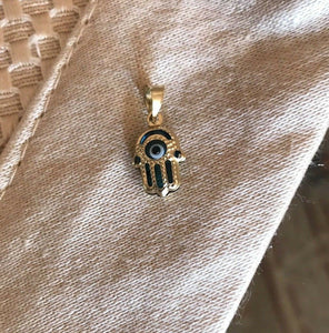 14K Pretty Yellow Gold Blue Evil Eye Hamsa Hand Pendant
