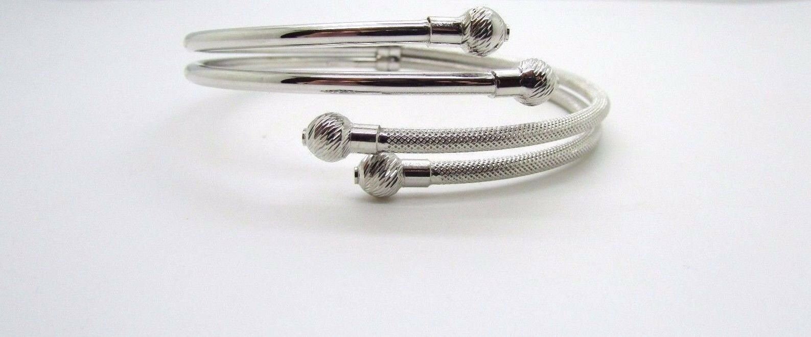 14K Pretty White Gold Shiny and Matte Flexible Bypass Bangle With Balls On Side