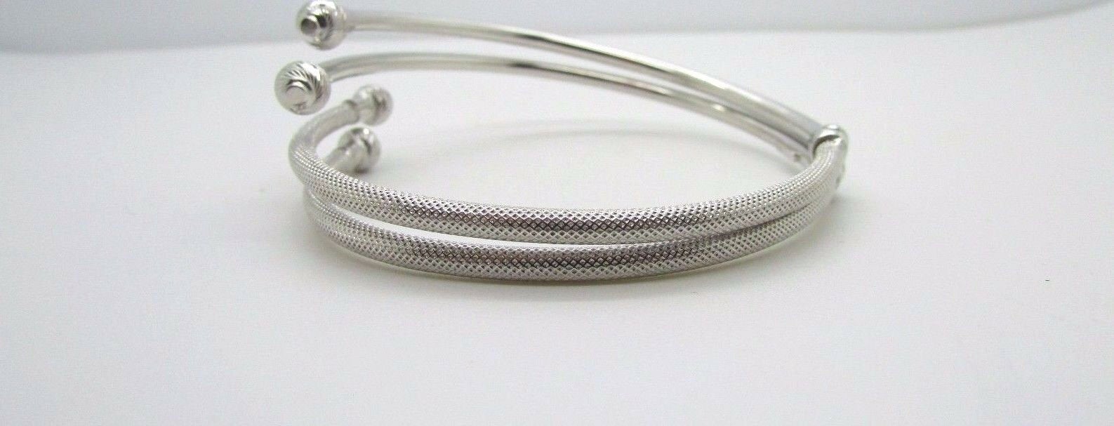 14K Pretty White Gold Shiny and Matte Flexible Bypass Bangle With Balls On Side