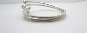 14K Pretty White Gold Shiny and Matte Flexible Bypass Bangle With Balls On Side