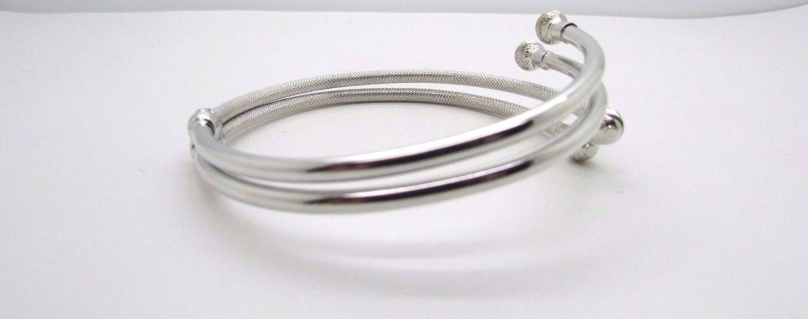 14K Pretty White Gold Shiny and Matte Flexible Bypass Bangle With Balls On Side