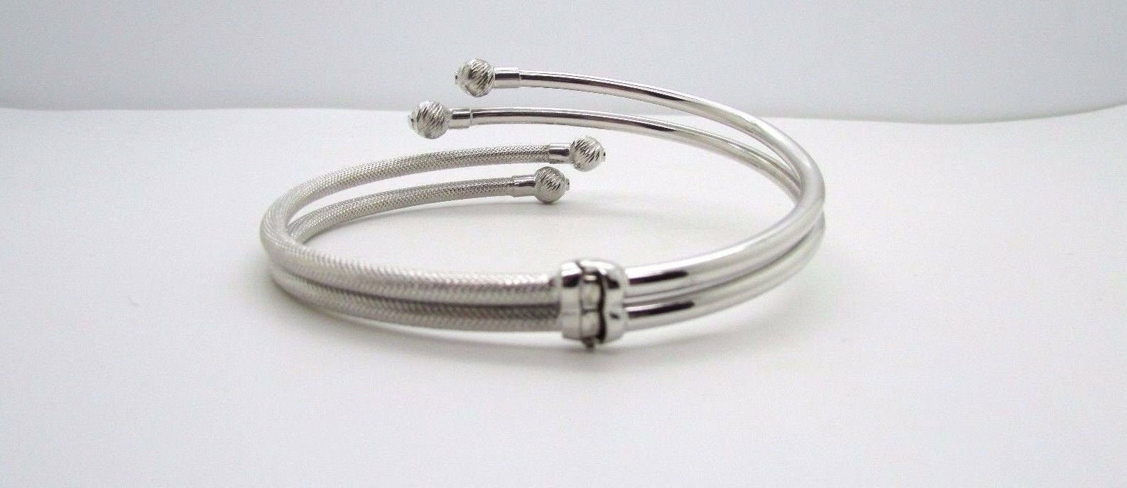14K Pretty White Gold Shiny and Matte Flexible Bypass Bangle With Balls On Side