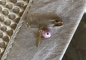 14K Pretty Yellow Gold Lavender Evil Eye Safety Pin With Cross
