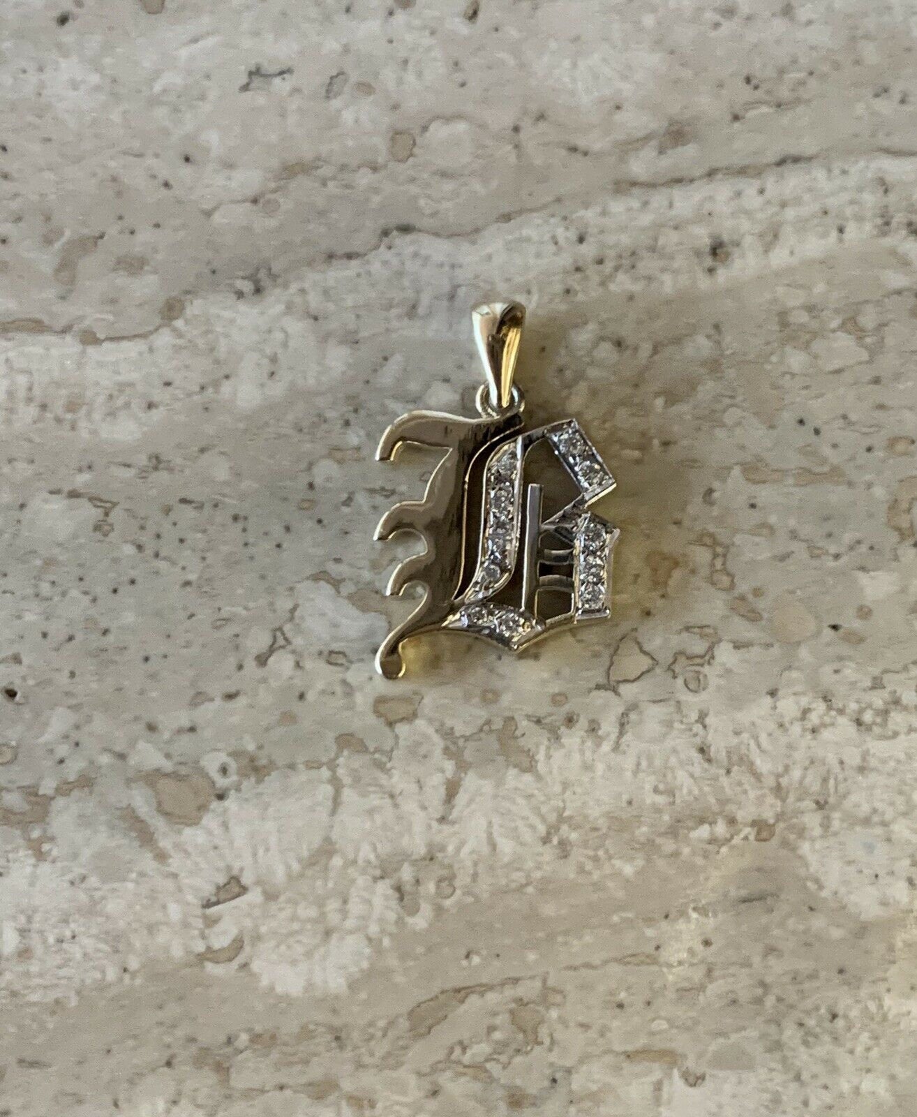 14K Yellow Gold Old English Large Initial B Pendant Gothic Style With 0.14 Cts Diamonds On Sale!