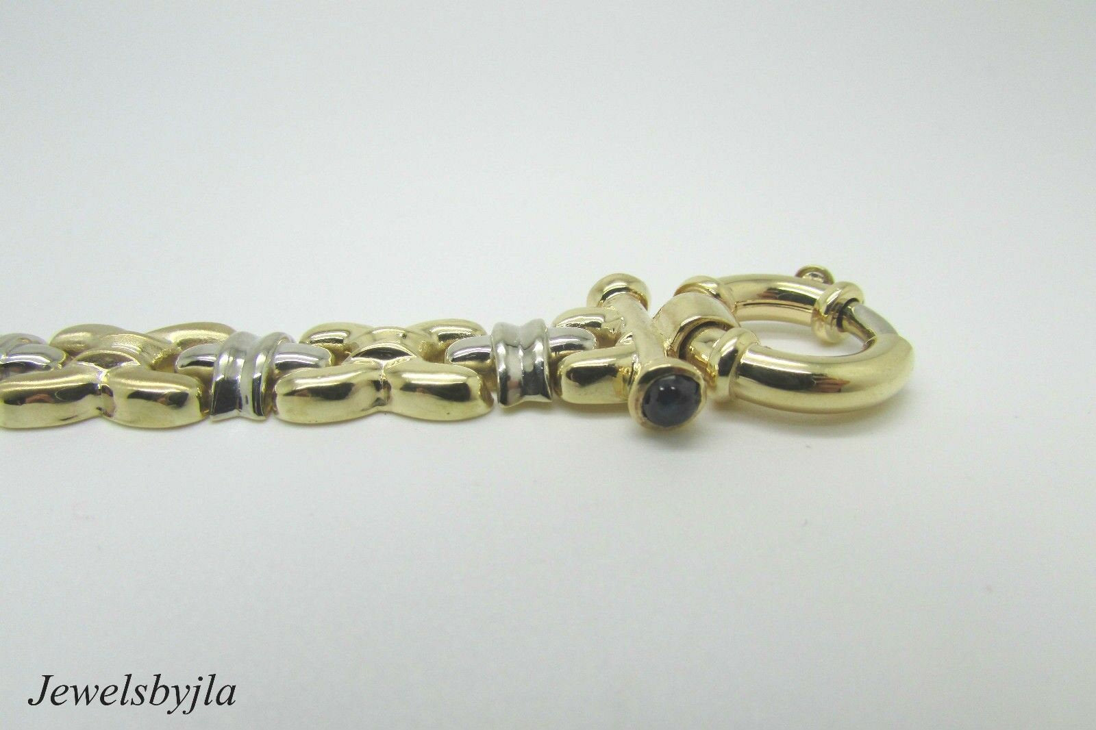 14K Multi Tone Gold Pretty Link Bracelet With Circular Bar Clasp 18.2 Grams