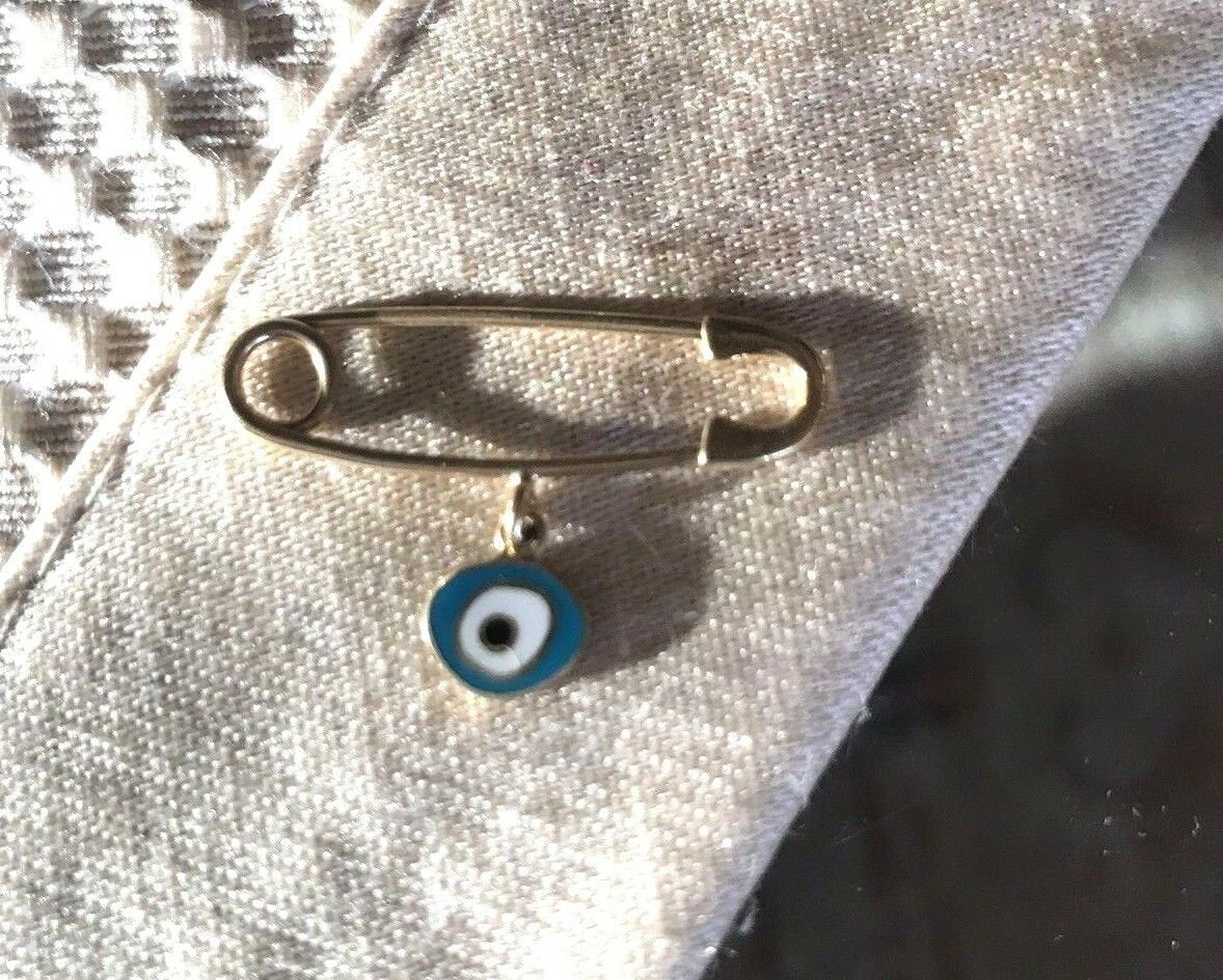 14K Pretty Yellow Gold Circular Blue and White Evil Eye Safety Pin