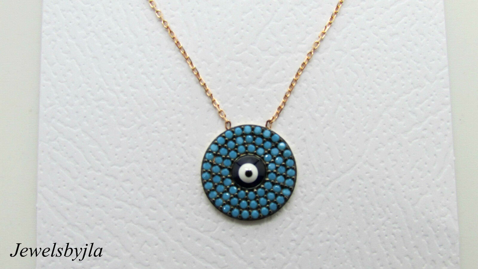 14K Rose Gold Pretty Circle Evil Eye Necklace W/ Turquoise Stones and 14K Chain