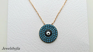 14K Rose Gold Pretty Circle Evil Eye Necklace W/ Turquoise Stones and 14K Chain