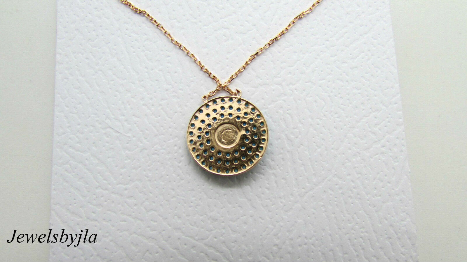 14K Rose Gold Pretty Circle Evil Eye Necklace W/ Turquoise Stones and 14K Chain