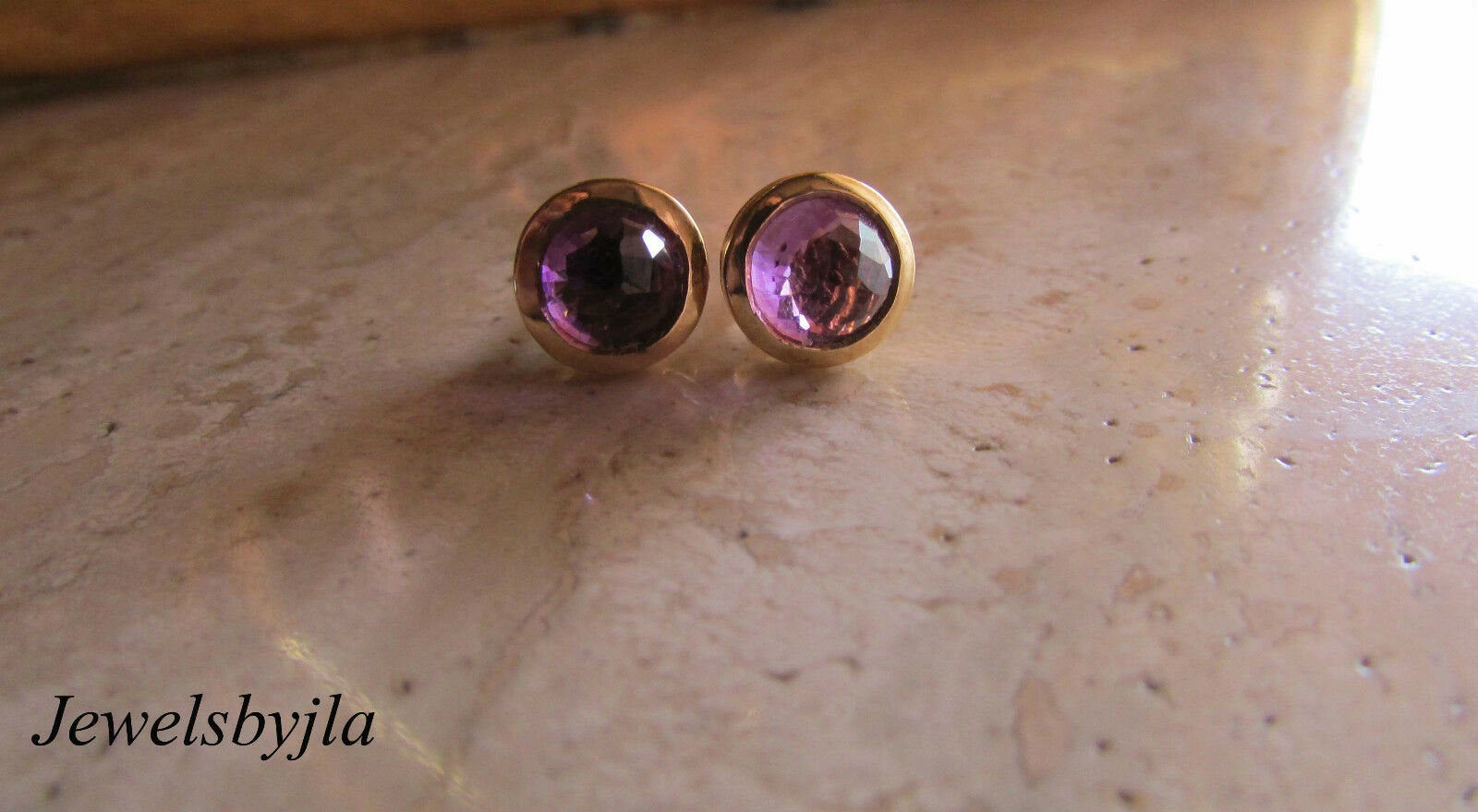 14K Pretty Yellow Gold Faceted Cabochon Puffed Amethyst Stud Earrings 1.92 Cts