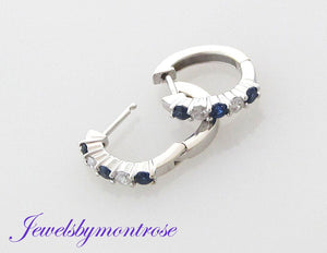 14K White Gold Pretty Huggies Set With Diamonds And Blue Sapphires 0.52 Cts