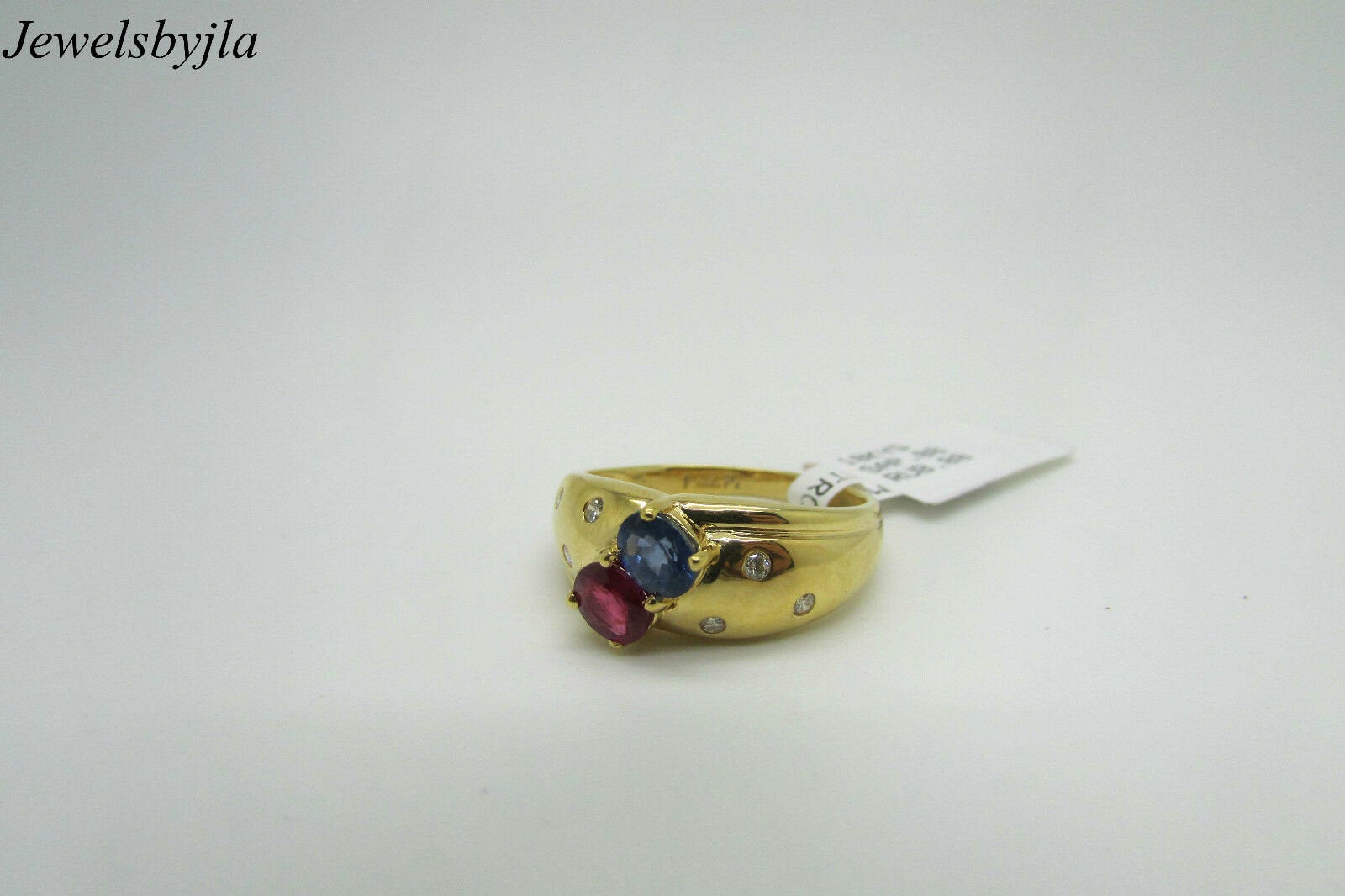 18K Yellow Gold Pretty Ladies Ring With Sapphire Ruby and Round Diamonds Size 7.25