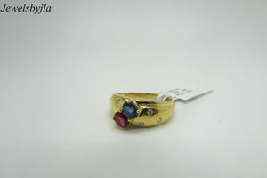 18K Yellow Gold Pretty Ladies Ring With Sapphire Ruby and Round Diamonds Size 7.25