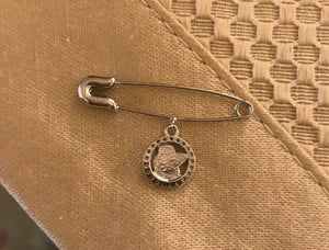 14K Pretty White Gold Sturdy Thick Safety Pin With Rhinestones and Hanging Angel