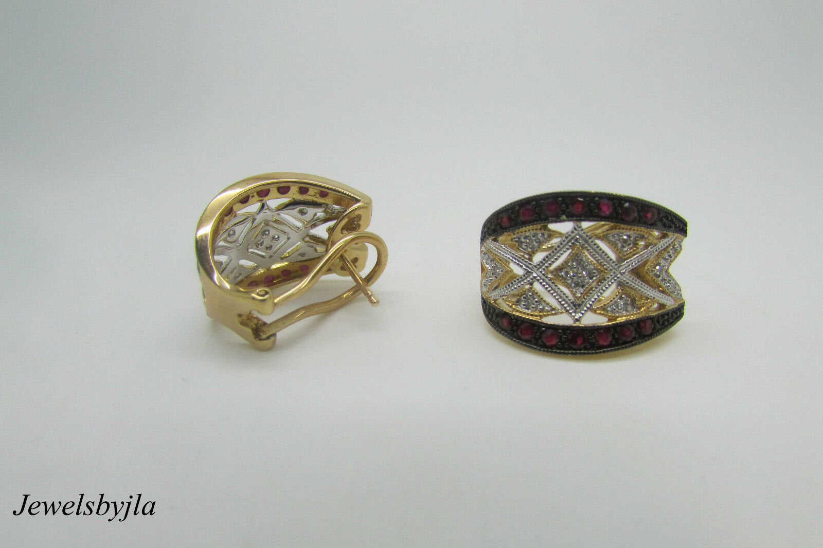 14K Yellow Gold Pretty Ruby And Diamond Huggie Earrings With Design 1.2 Cts