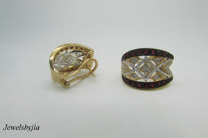14K Yellow Gold Pretty Ruby And Diamond Huggie Earrings With Design 1.2 Cts