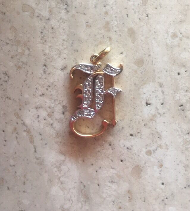 14K Yellow Gold Old English Large Initial F Pendant Gothic Style With 0.15 Cts Diamonds On Sale!