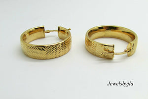 14K Pretty Yellow Gold Thick Etched Hoop Earrings With Design 4 Grams