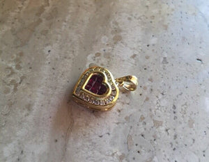 14K Pretty Yellow Gold Heart Pendant With Ruby Stones And Diamonds 0.95 Cts