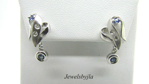 14K Pretty White Gold Dangling Round Sapphire Earrings With Diamonds 0.78 Cts