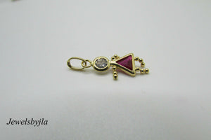 14K Yellow Gold Little Girl Charm Pendant With Synthetic Ruby And Zirconium
