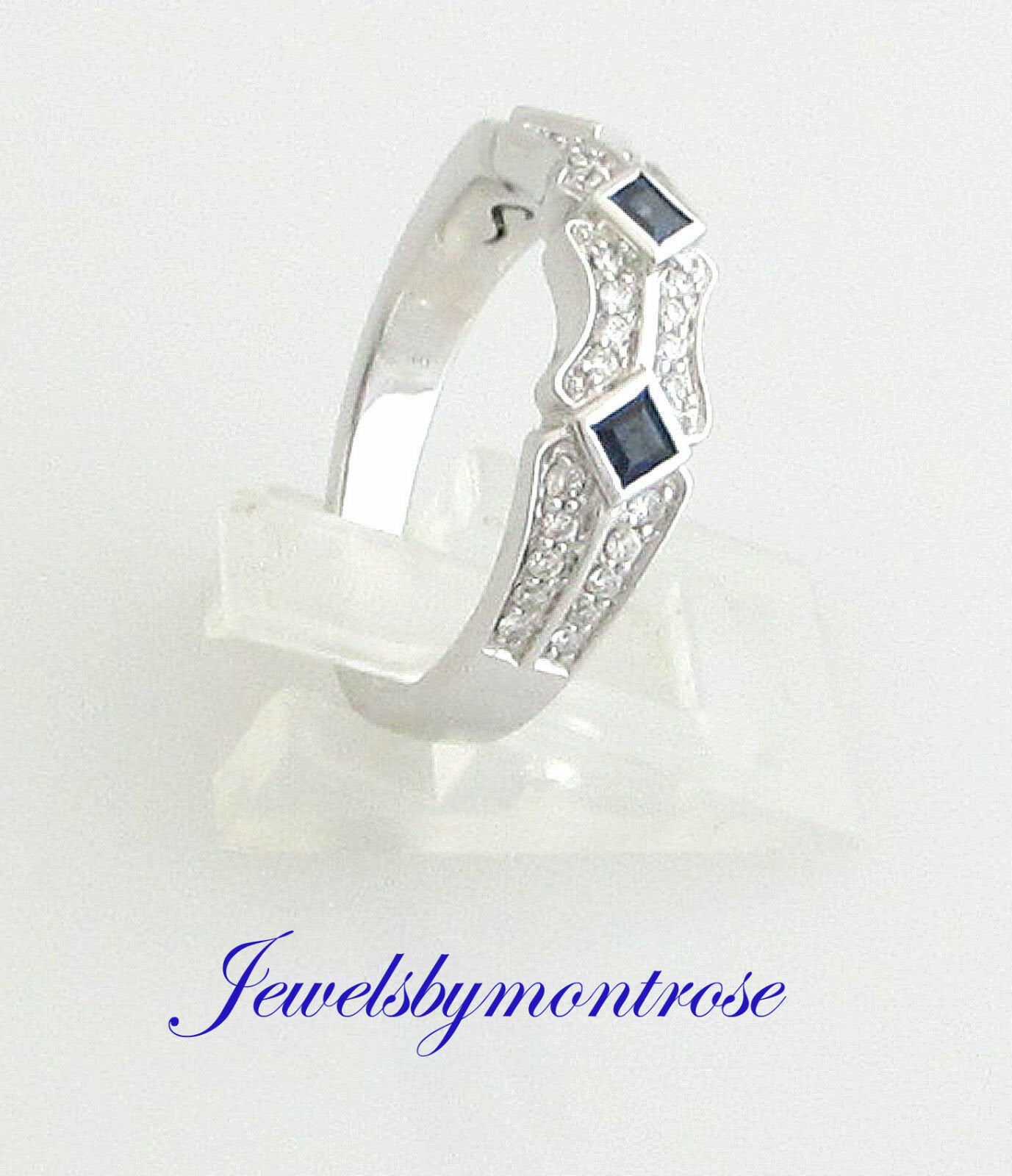 14K White Gold Ring/Band With 3 Princess Cut Sapphires And Diamonds 0.35 Cts