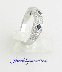 14K White Gold Ring/Band With 3 Princess Cut Sapphires And Diamonds 0.35 Cts