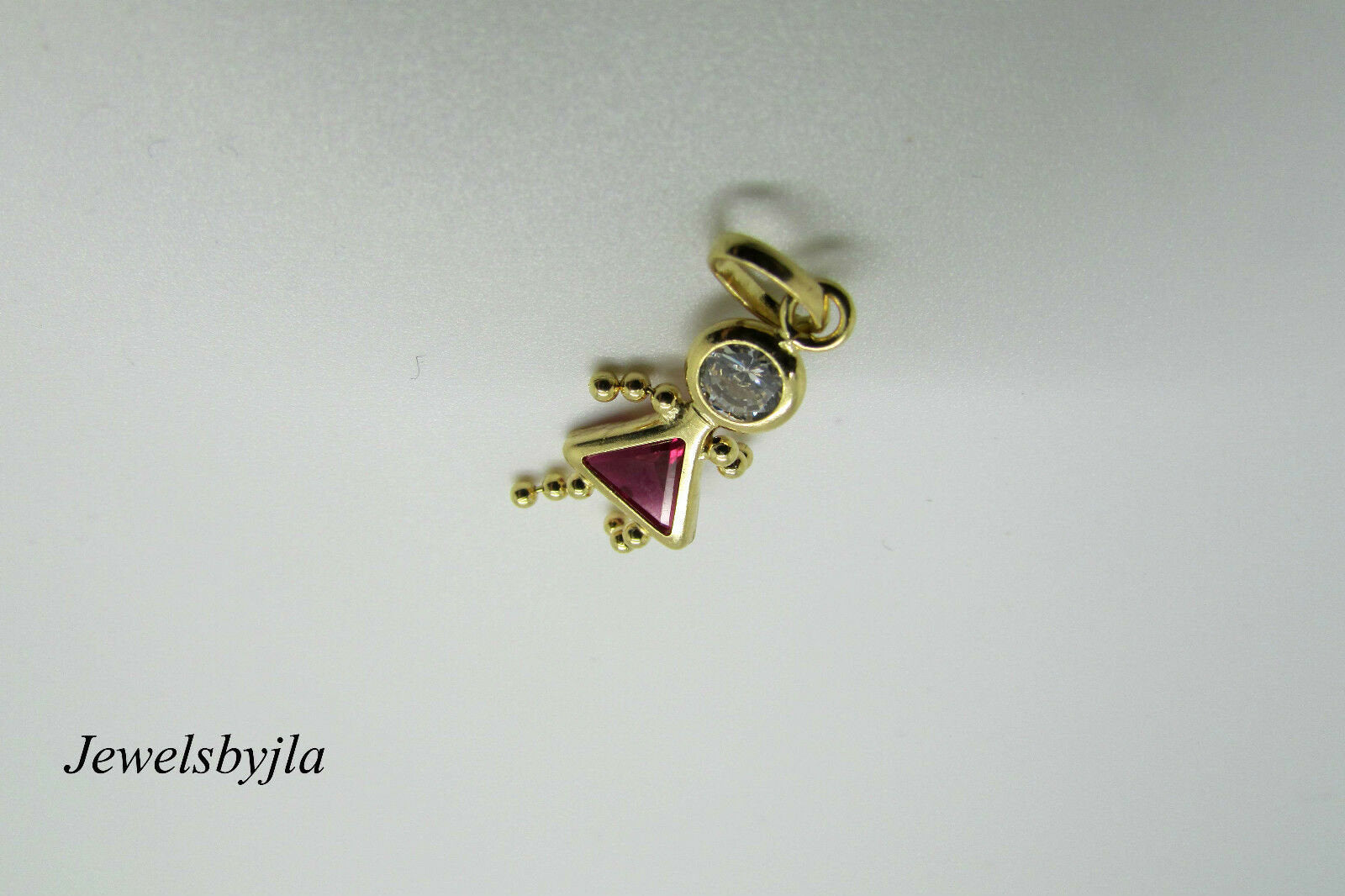 14K Yellow Gold Little Girl Charm Pendant With Synthetic Ruby And Zirconium