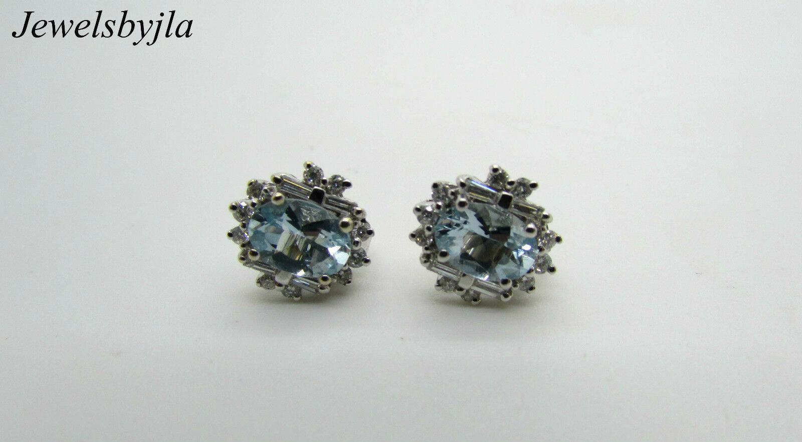 14K White Gold Pretty Oval Aquamarine Earrings With Round And Baguette Diamonds