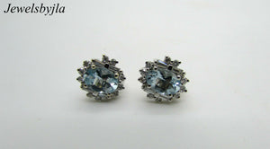14K White Gold Pretty Oval Aquamarine Earrings With Round And Baguette Diamonds
