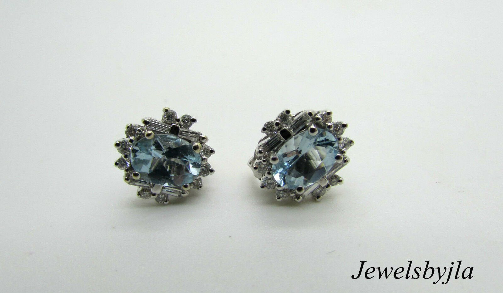14K White Gold Pretty Oval Aquamarine Earrings With Round And Baguette Diamonds