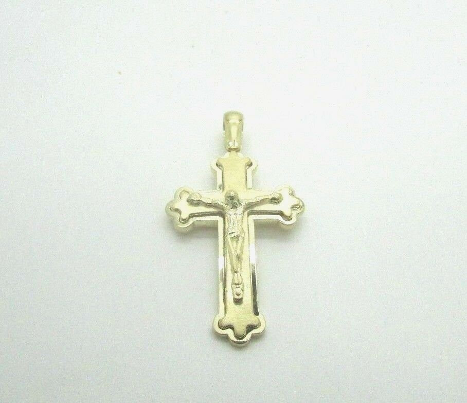 14K Pretty Yellow Gold Diamond Cut Thick Crucifix Pendant With A Bordered Design