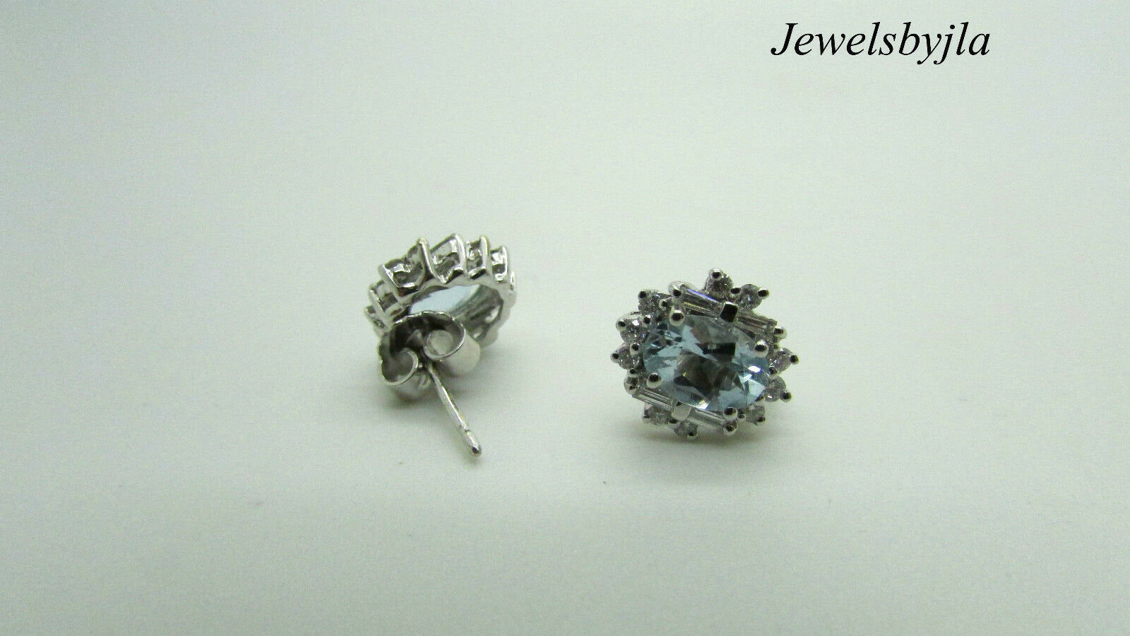 14K White Gold Pretty Oval Aquamarine Earrings With Round And Baguette Diamonds
