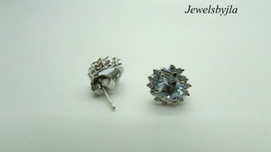 14K White Gold Pretty Oval Aquamarine Earrings With Round And Baguette Diamonds