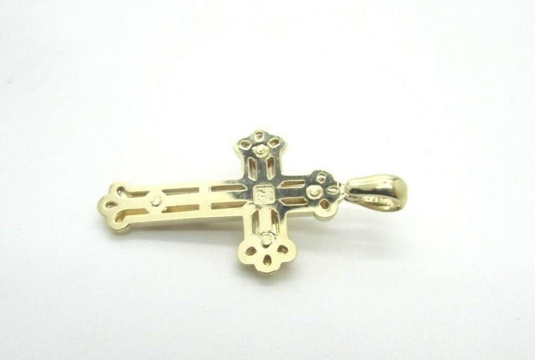 14K Pretty Yellow Gold Diamond Cut Thick Crucifix Pendant With A Bordered Design