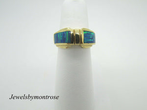 14K Pretty Yellow Gold Thick Blue and Green Opal Ring 8.6 Grams