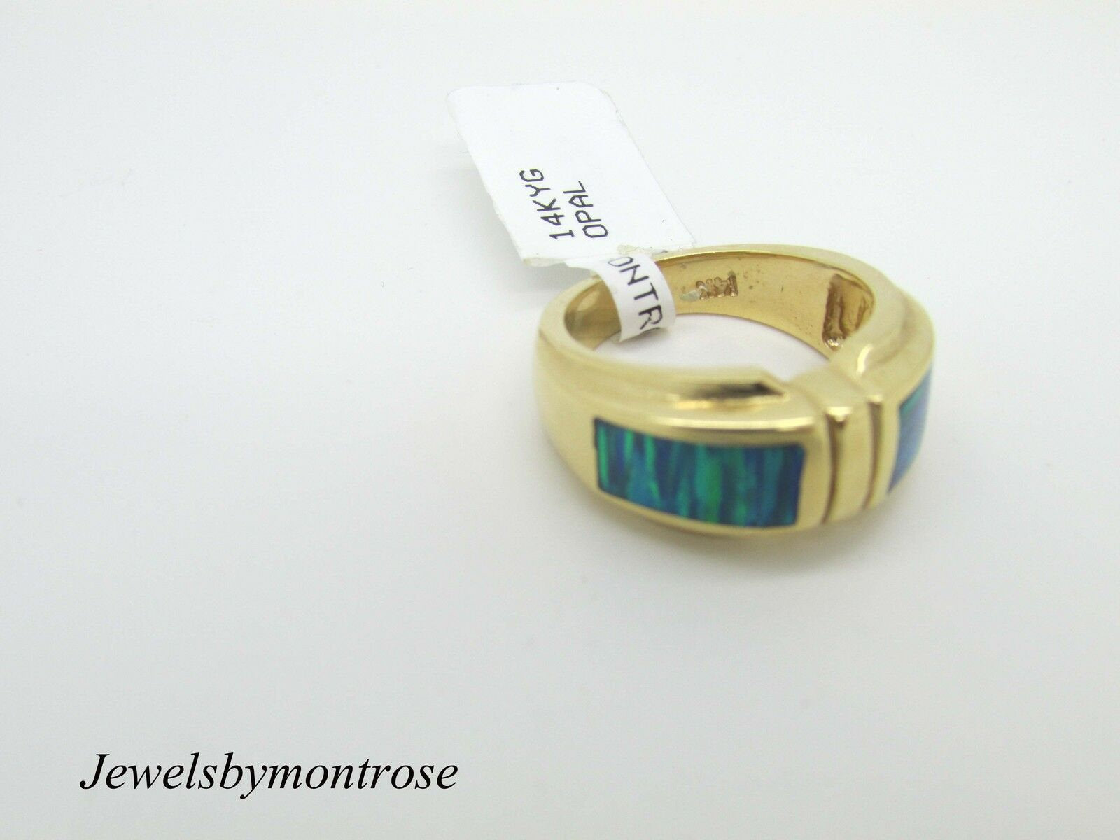 14K Pretty Yellow Gold Thick Blue and Green Opal Ring 8.6 Grams