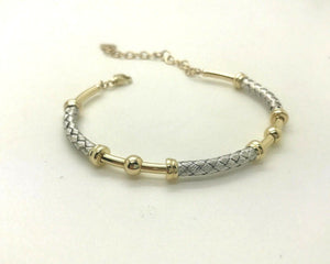 14K Pretty Two Tone Gold Hammered Weaved Bracelet With Dangling Heart 9.4 Grams