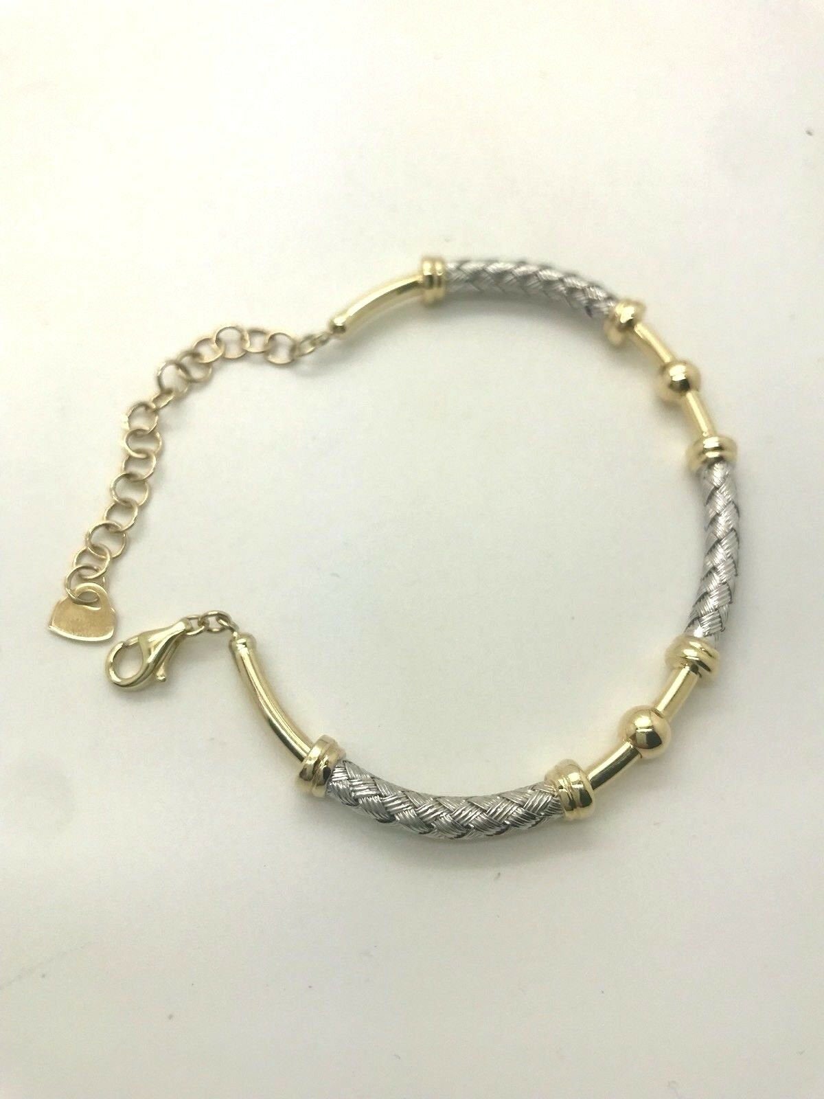 14K Pretty Two Tone Gold Hammered Weaved Bracelet With Dangling Heart 9.4 Grams