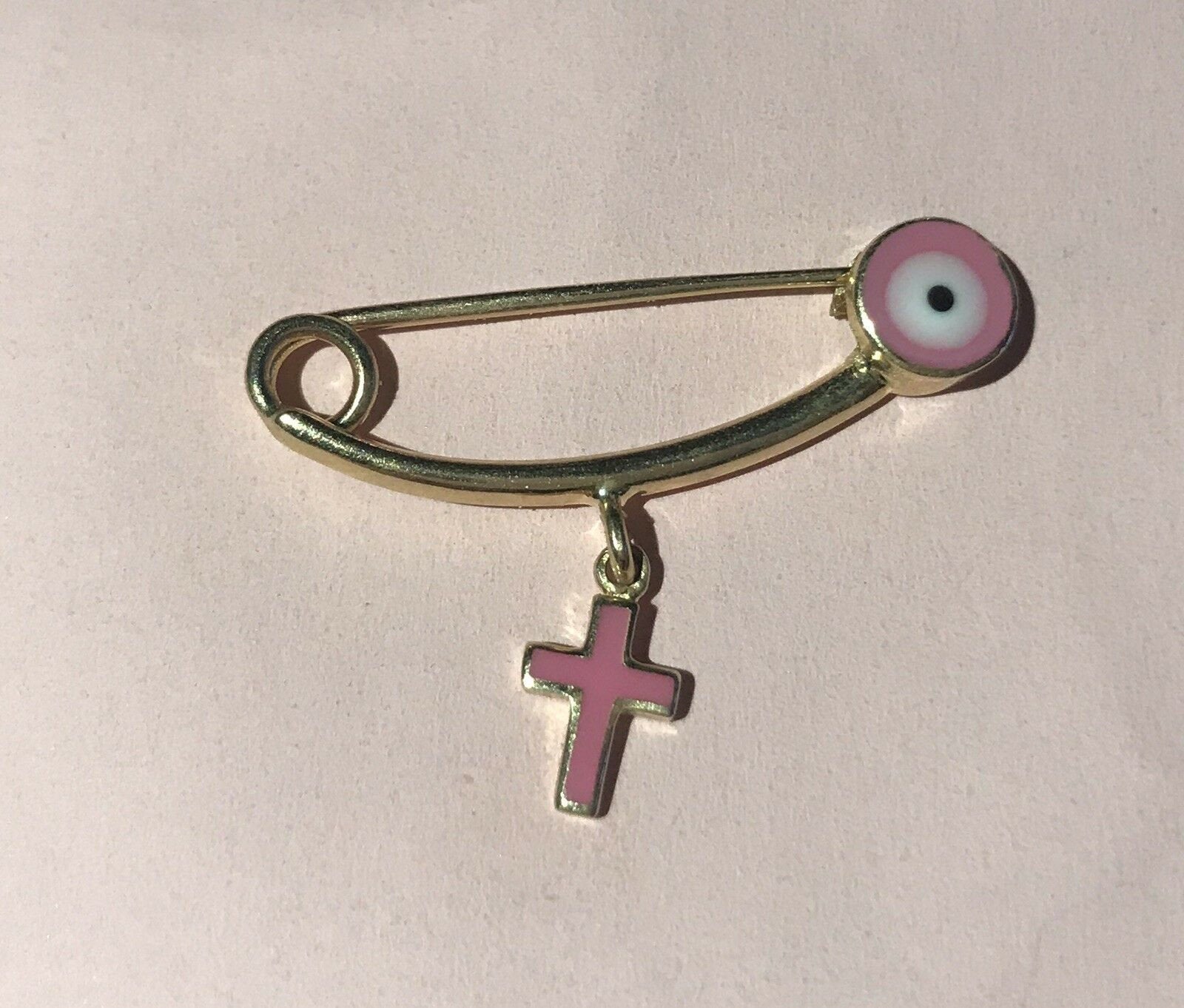 14K Pretty Yellow Gold Pink Evil Eye Safety Pin With Hanging Pink Cross