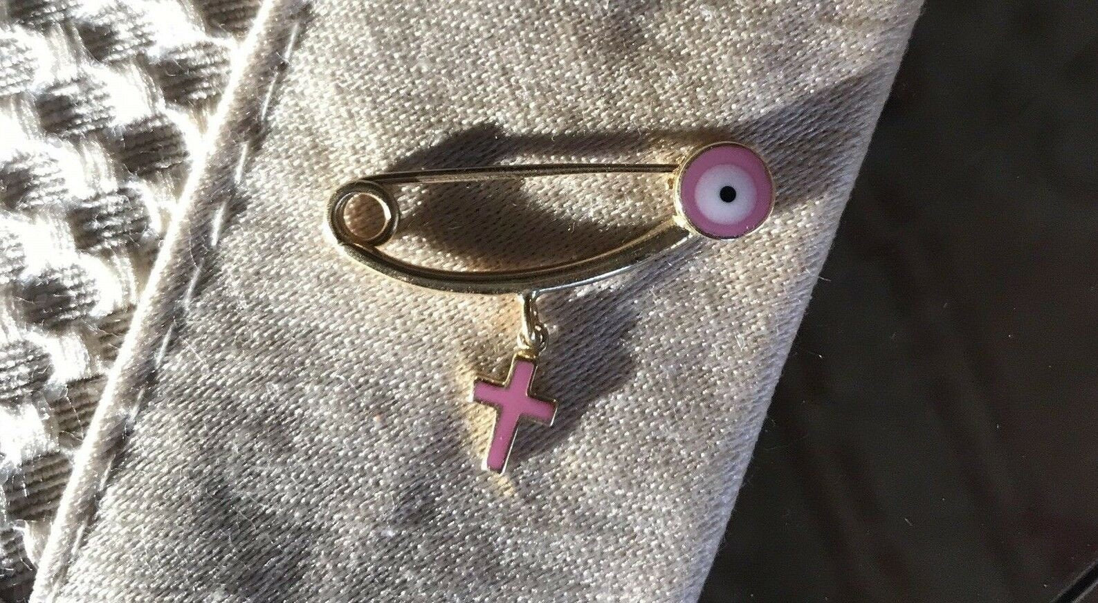 14K Pretty Yellow Gold Pink Evil Eye Safety Pin With Hanging Pink Cross