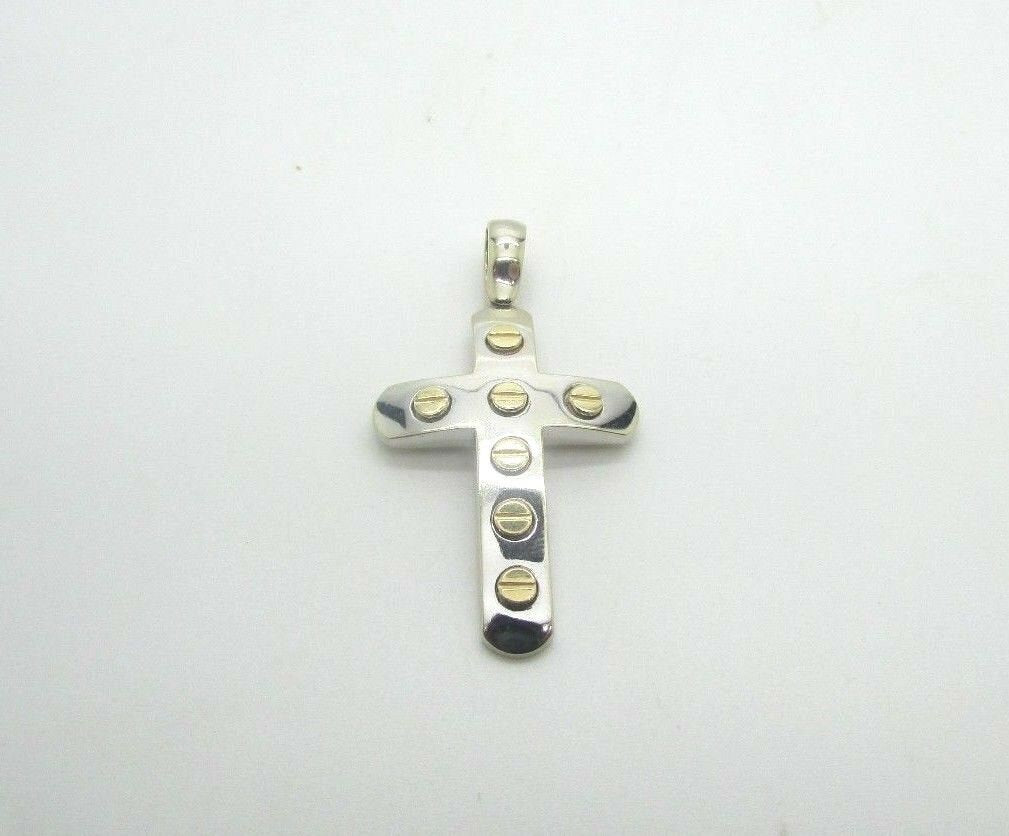 14K Pretty White Gold Cross With Yellow Gold Screw Circles 5.9 Grams