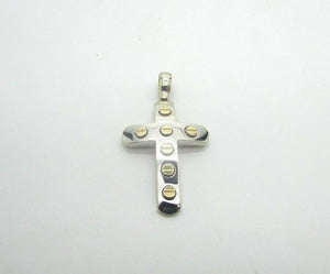 14K Pretty White Gold Cross With Yellow Gold Screw Circles 5.9 Grams