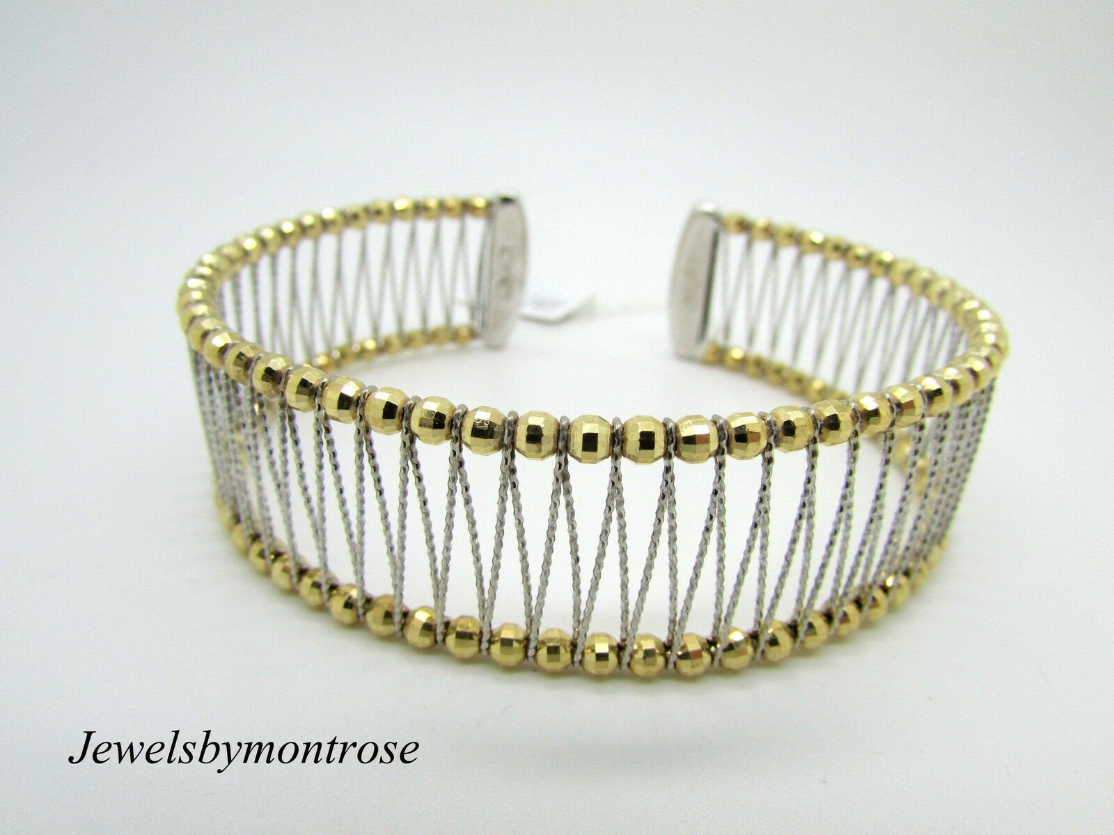 14K Yellow Gold Cuff Bracelet With White Gold Diamond Cut Weaved Design 21 Grams