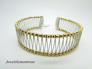 14K Yellow Gold Cuff Bracelet With White Gold Diamond Cut Weaved Design 21 Grams