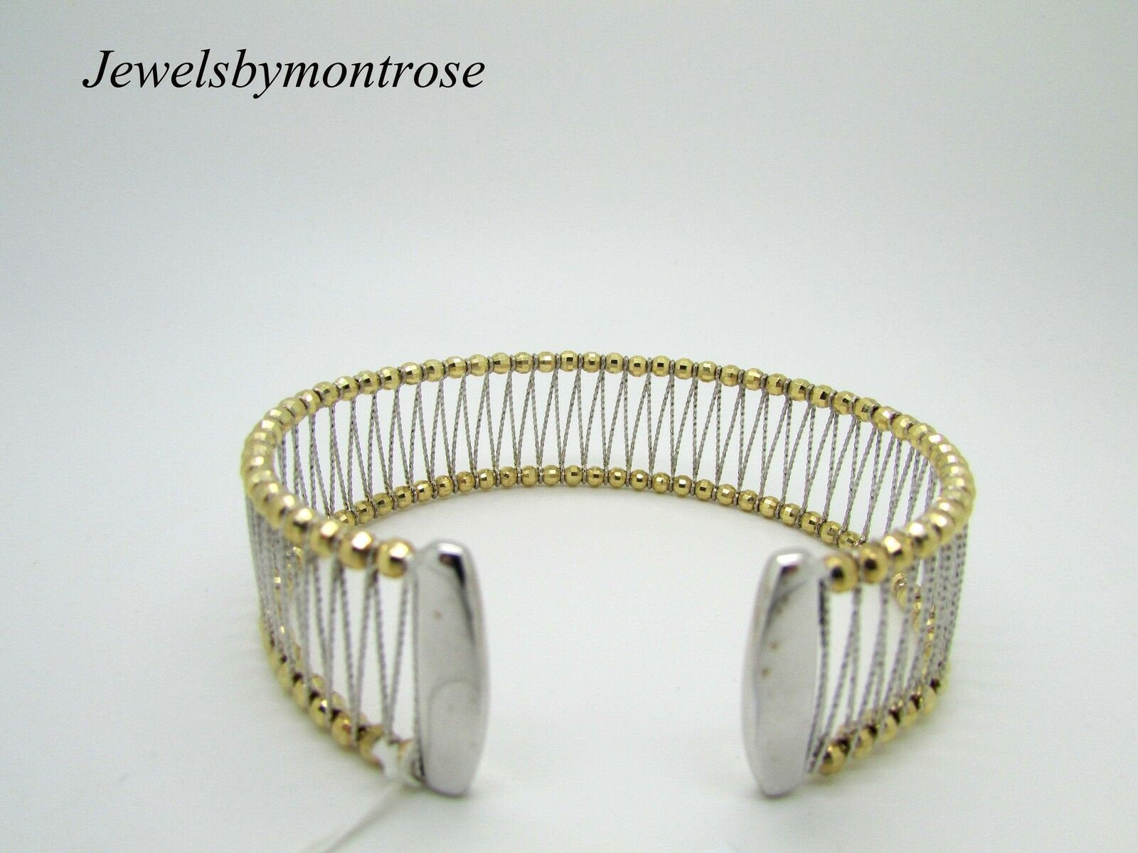 14K Yellow Gold Cuff Bracelet With White Gold Diamond Cut Weaved Design 21 Grams