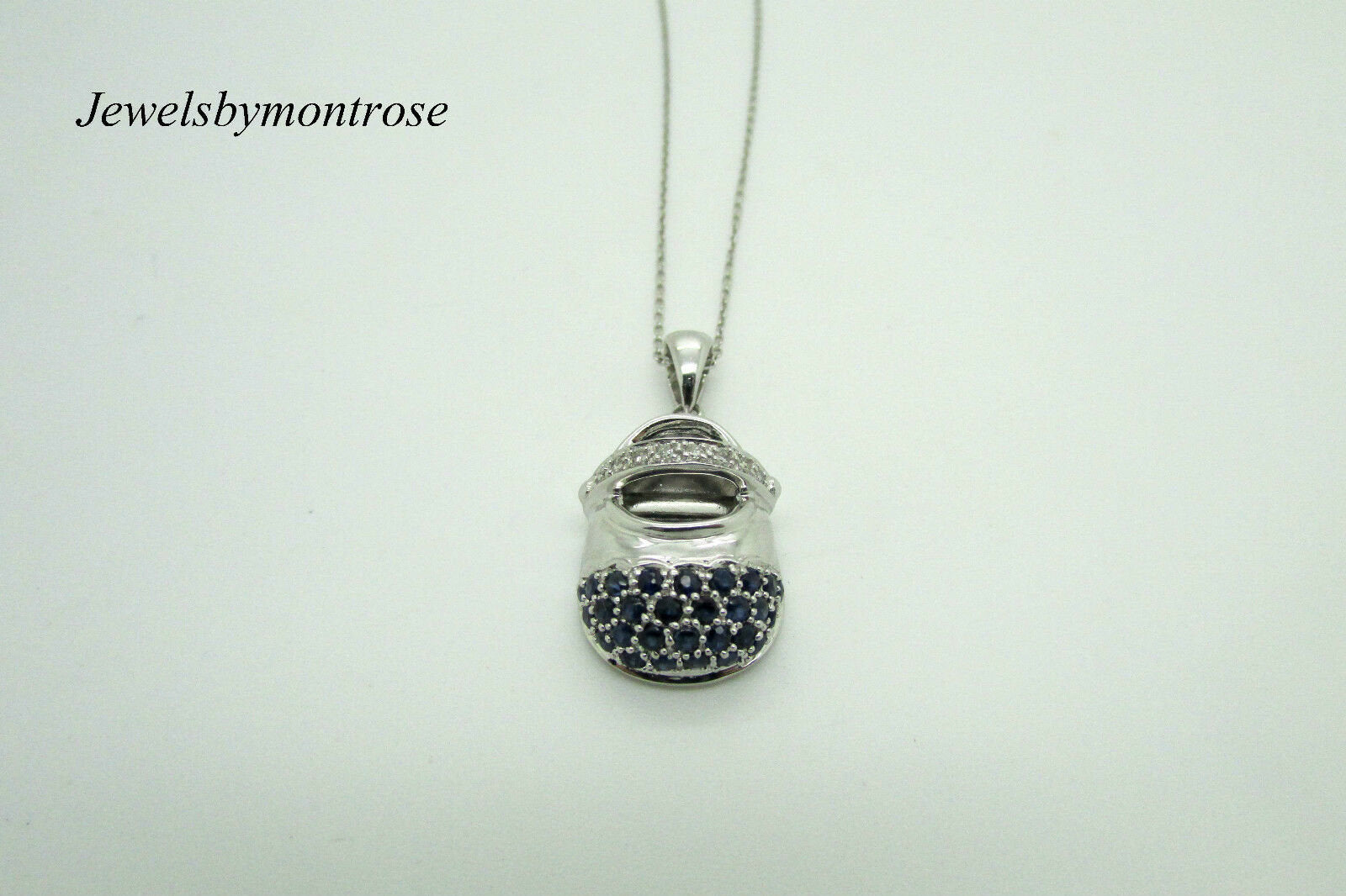 14K White Gold Blue Sapphire And Diamonds Shoe Pendant With 18&quot; Link Chain