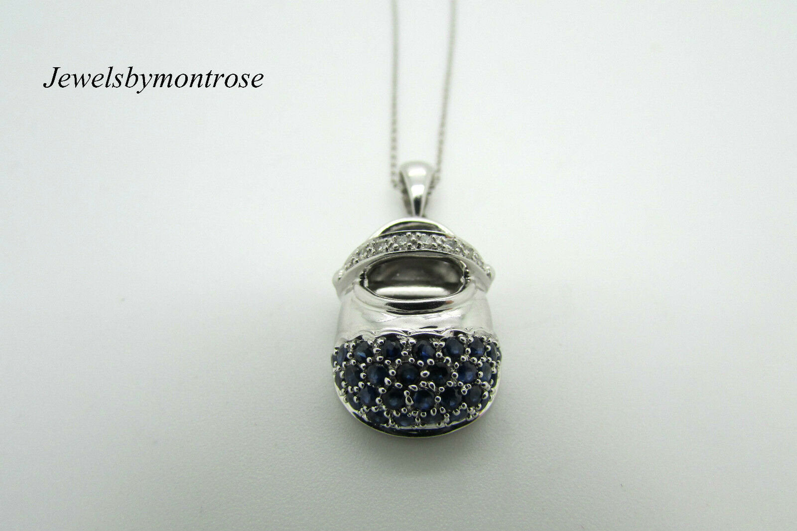 14K White Gold Blue Sapphire And Diamonds Shoe Pendant With 18&quot; Link Chain