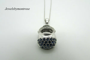14K White Gold Blue Sapphire And Diamonds Shoe Pendant With 18&quot; Link Chain