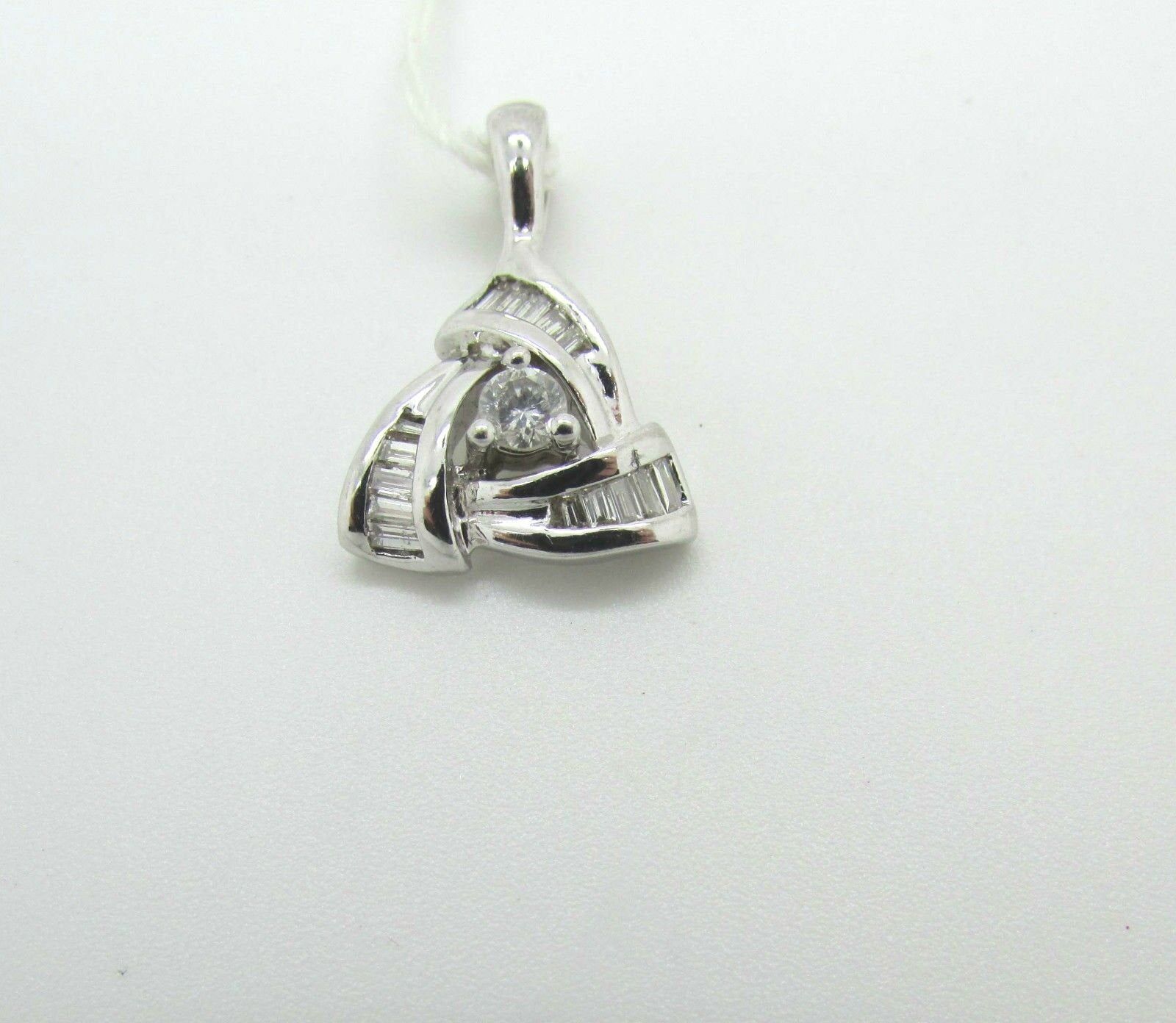 14K White Gold Triangle Pendant With Round Diamonds And Baguettes 0.40 Cts